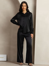 [Black] SilkSilky-CA 19Momme Silk Lapel Collar Women''s Outfit Sets 004,