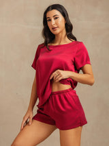 [Wine] SilkSilky-CA 19Momme Machine-Washable Silk Short Sleeve Round Neck Women's Pajamas 007