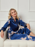 SilkSilky-CA 19Momme Pure Silk Long Sleeve Lapel Women's Pajamas DarkBlue 006