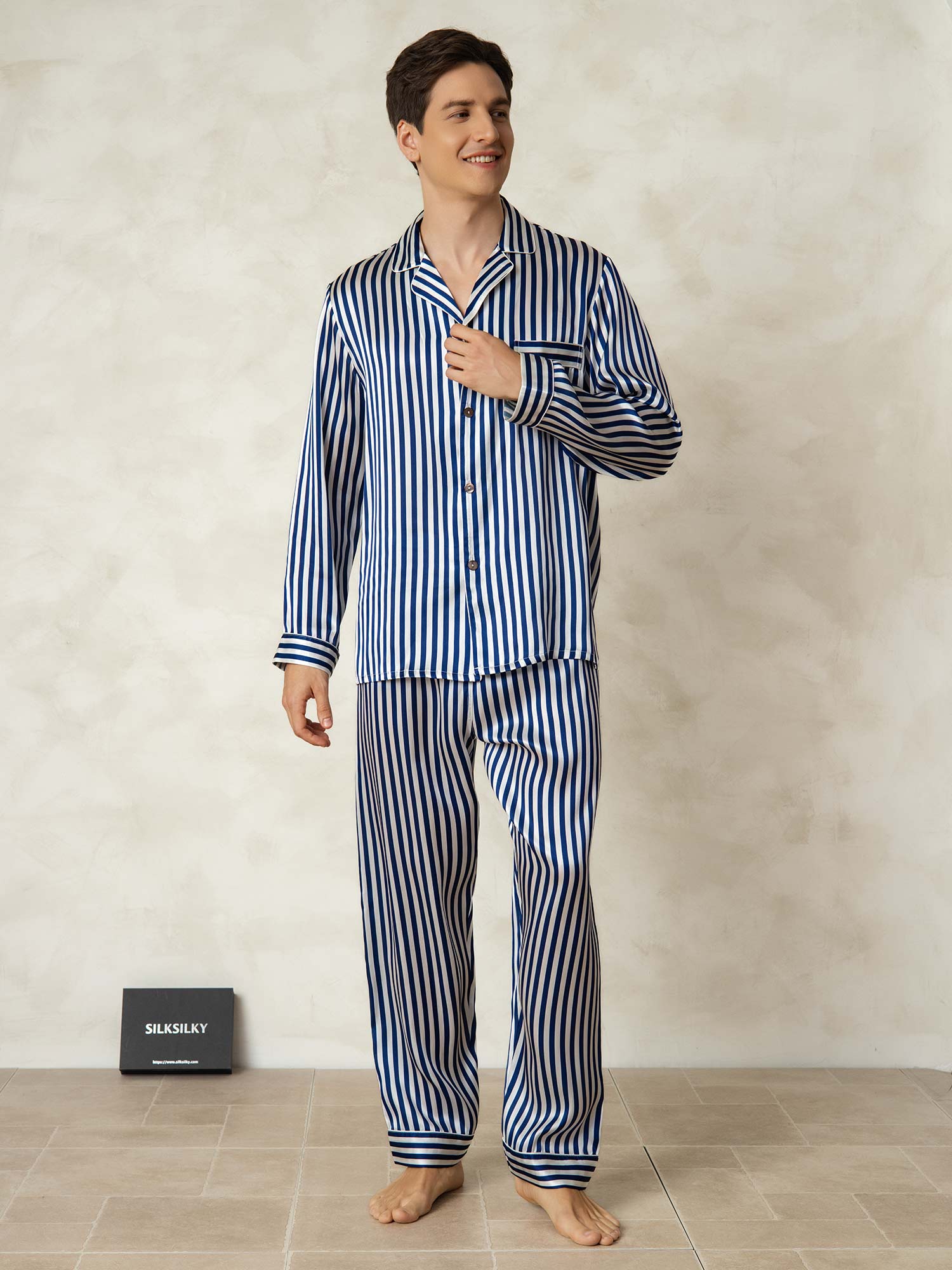 [Navy Stripe] SilkSilky-CA 19Momme Pure Silk Mens Pajamas 003