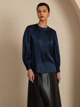 [Dark Blue] SilkSilky-CA 19Momme Long Sleeve Round Neck Blouse 003