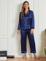 [Dark Blue] SilkSilky-CA Pure Silk Long Sleeve Notch Collar Women's Pajamas 004