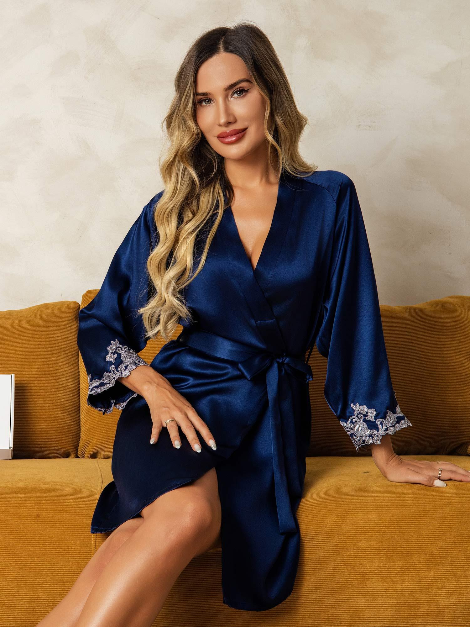 [Dark Blue] SilkSilky-CA Pure Silk Split Women's Robe 004
