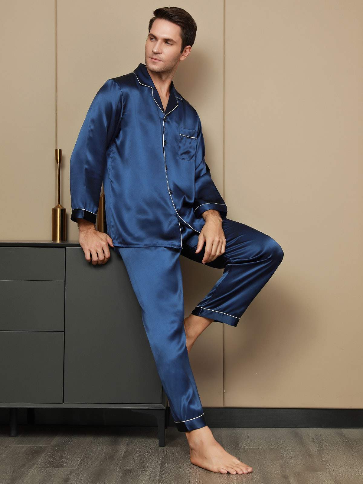 SilkSilky CA Pure Silk Long Sleeve Lapel Men's Pajamas DarkBlue 001