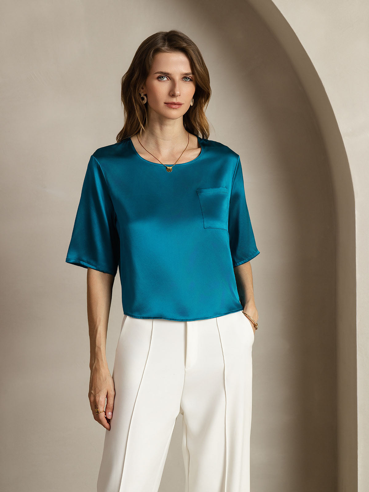 [Teal] SilkSilky-CA Pure Silk Boat Neck Women's T-Shirt 001
