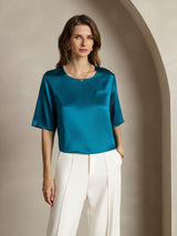 [Teal] SilkSilky-CA Half Sleeve Scoop Neck Women's T-Shirt 001