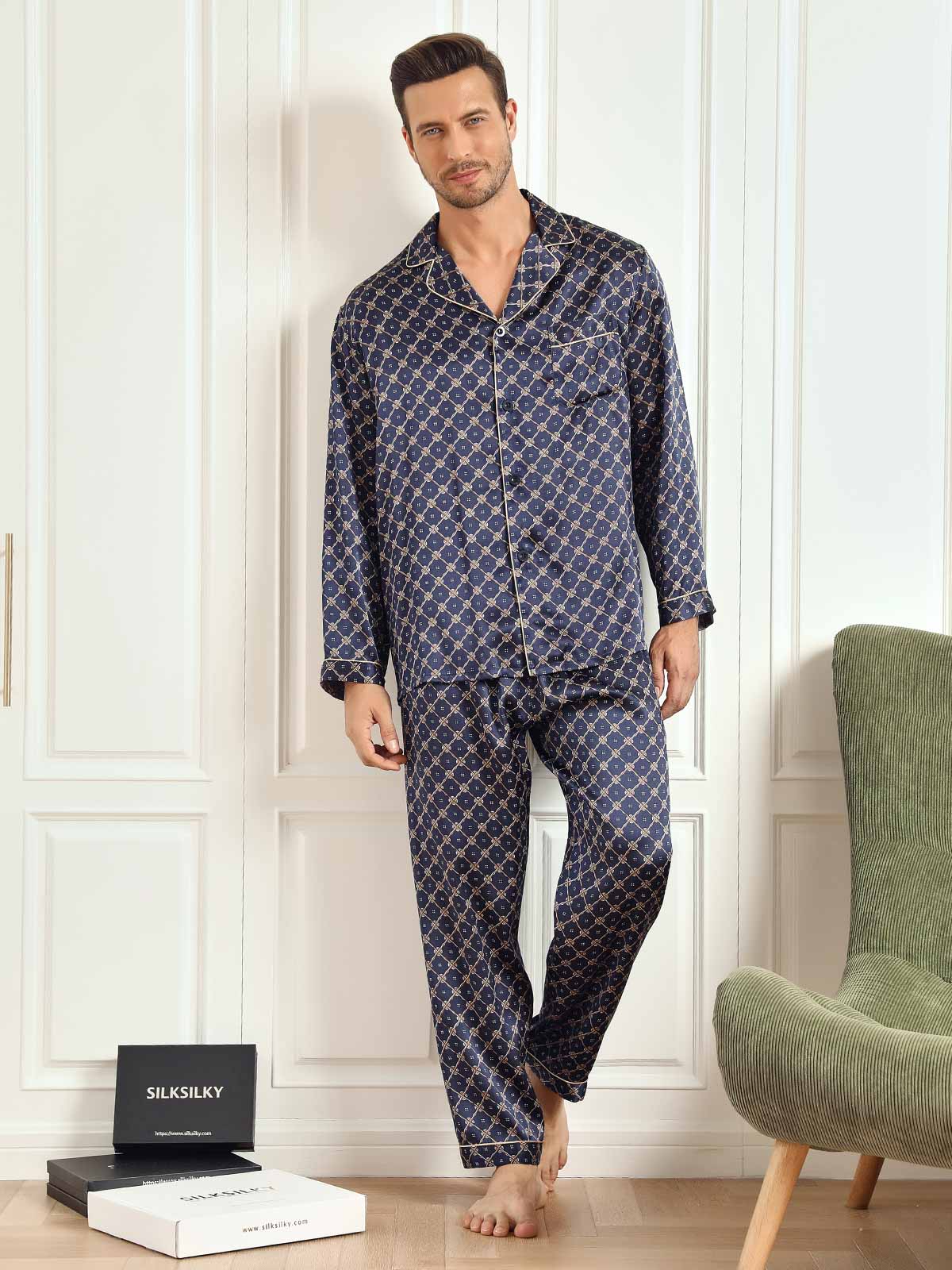 SilkSilky CA 19Momme Pure Silk Long Sleeve Lapel Men's Pajamas DarkBlue 002