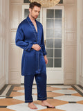 SilkSilky CA Pure Silk 3/4 Sleeve Deep V Neck Men's Robe DarkBlue 007