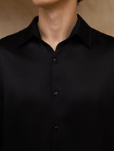 [Black] SilkSilky-CA 19Momme Stretch Silk Charmeuse Long Sleeve Lapel Collar Men's Shirt 006