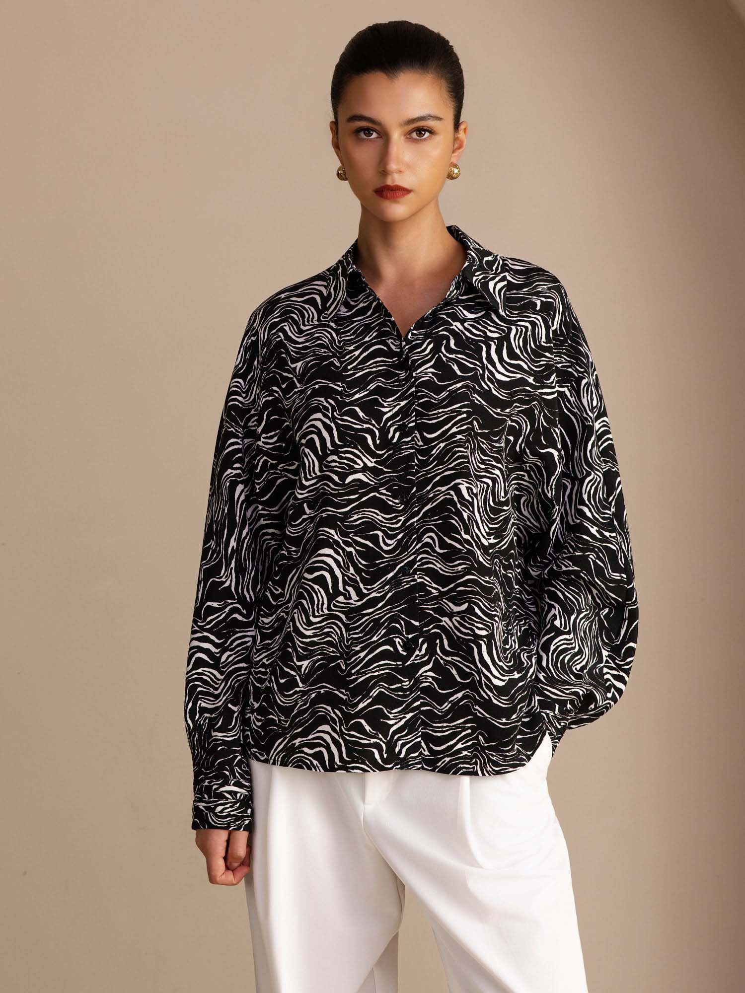 [Black Wave] SilkSilky-CA Long Sleeve Lapel Collar Women's Shirt 001