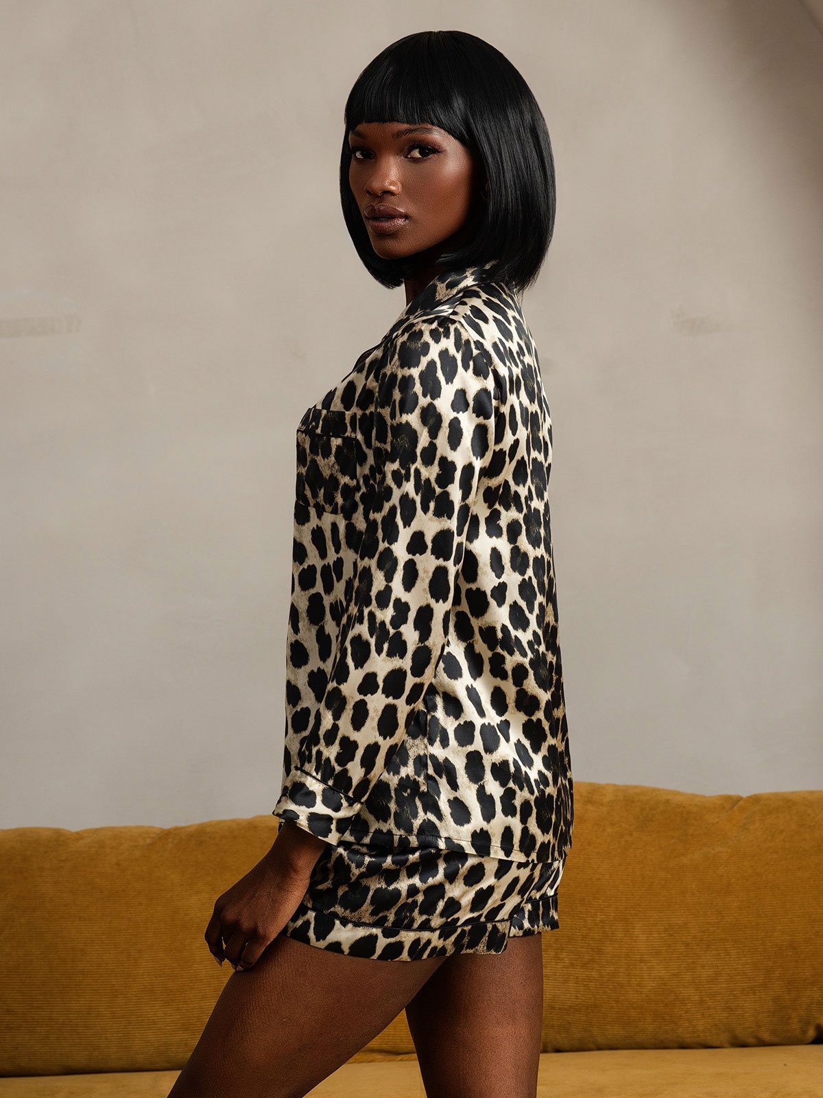 [Leopard] SilkSilky-CA Pure Silk Long Sleeve Lapel Women's Pajamas 004