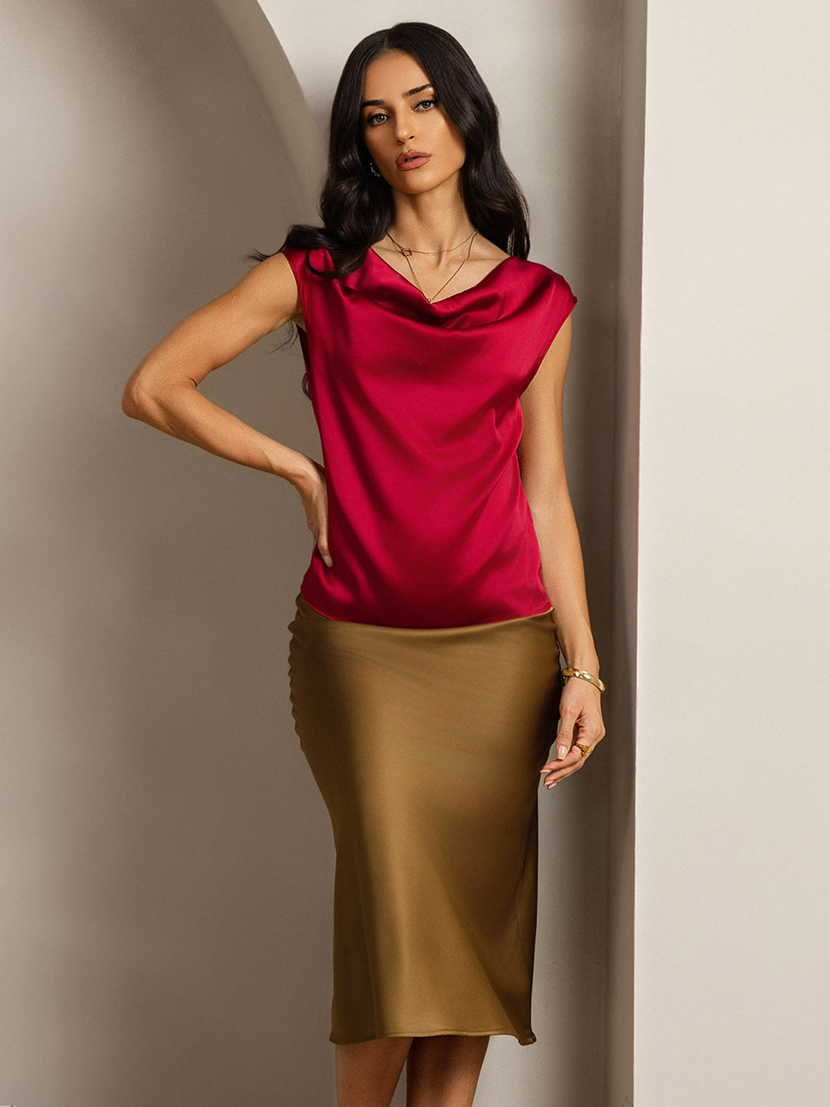 [Wine] SilkSilky-CA 19Momme Silk Cap Sleeve Cowl Neck Women's T-Shirt 004