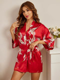 SilkSilky-CA 19Momme Pure Silk 3/4 Sleeve Deep V Neck Women's Robe DarkRed 004