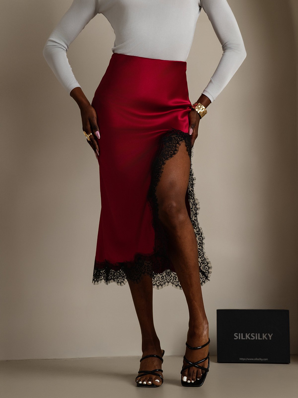 [Wine] SilkSilky-CA 19Momme Silk Split Skirt 003