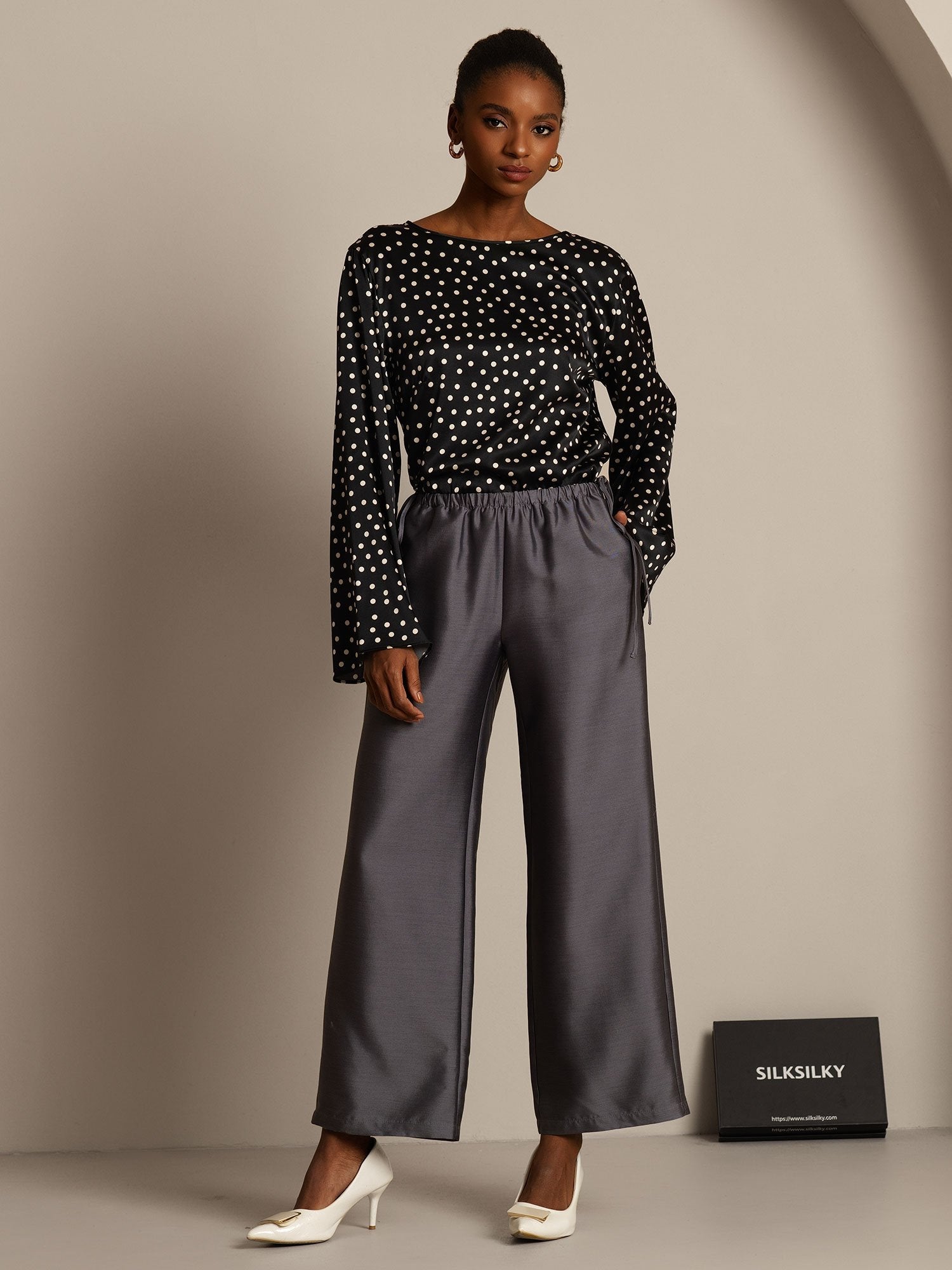 [Gray] SilkSilky-CA 32Momme Silk-Wool Blend Womens Pants 003,