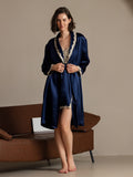 SilkSilky-CA Pure Silk Long Sleeve V Neck Women's Robe DarkBlue 001