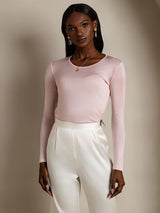 [Coral Pink] SilkSilky-CA Silk Jersey Long Sleeve Round Neck Women's T-Shirt 003
