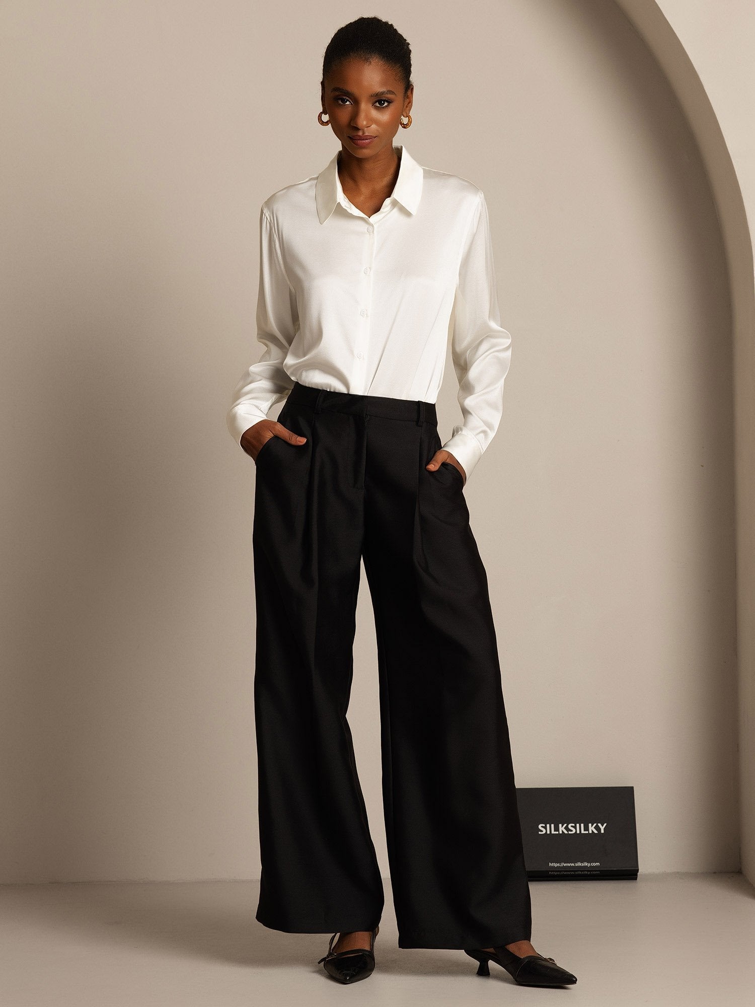 [Black] SilkSilky-CA 32Momme Silk-Wool Blend Womens Pants 008,