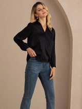 [Black] SilkSilky-CA Long Sleeve Wrap Women's Blouse 004