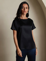[Black] SilkSilky-CA Short Sleeve Boat Neck Women's T-Shirt 001
