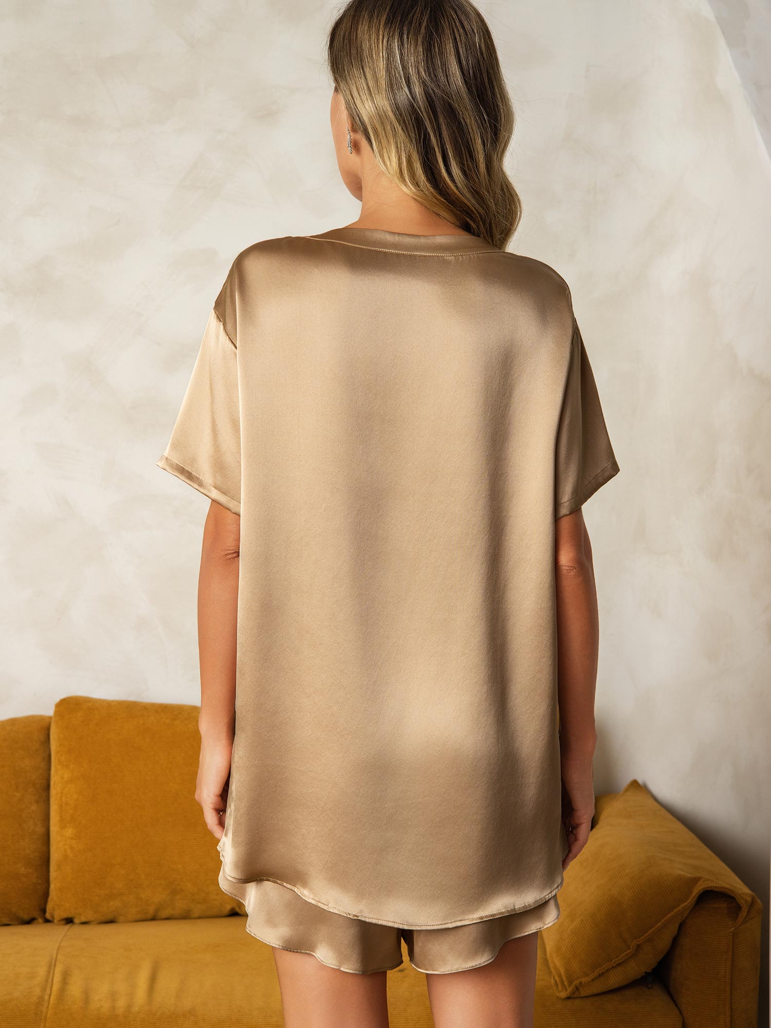 [Champagne] SilkSilky-CA Pure Silk Round Neck Women's Pajamas 002