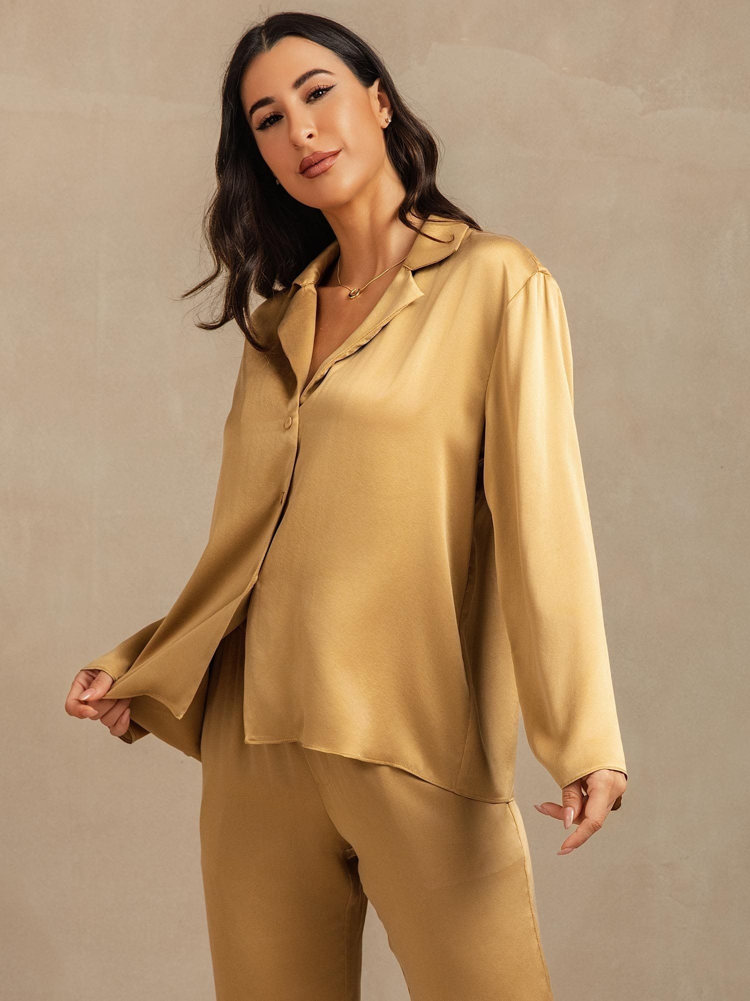 [Tan] SilkSilky-CA 19Momme Machine-Washable Silk Long Sleeve Notch Collar Women's Pajamas 008