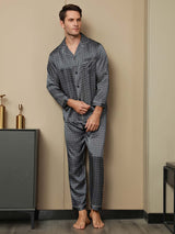 [Navy Ginkgo] SilkSilky-CA 19Momme Long Sleeve Notch Collar Men's Pajamas 012