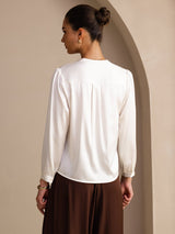 [White] SilkSilky-CA Long Sleeve Wrap Women's Blouse 002