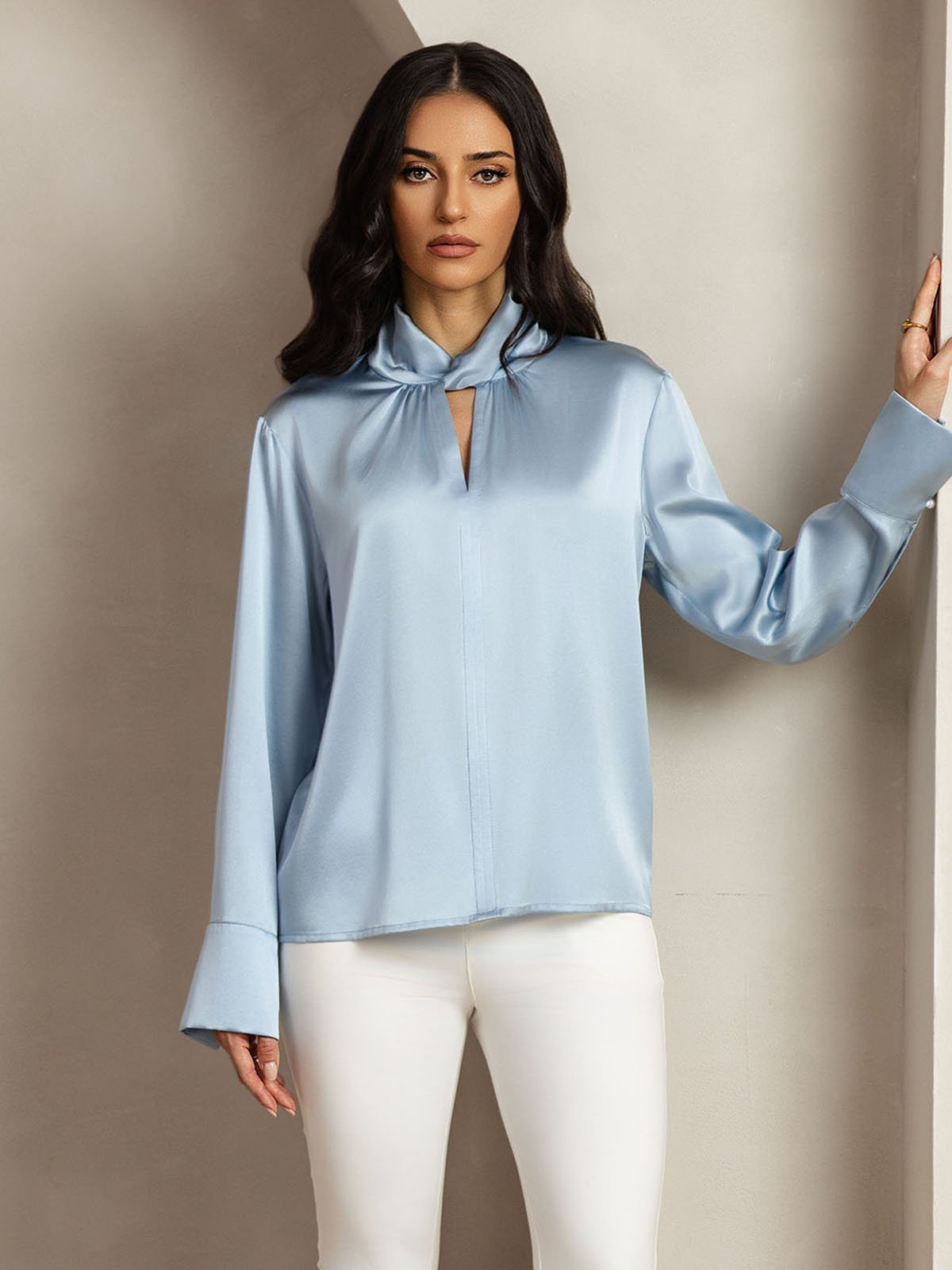 [GrayishBlue] SilkSilky-CA 19Momme Silk Keyhole Neck Women's Shirt 009