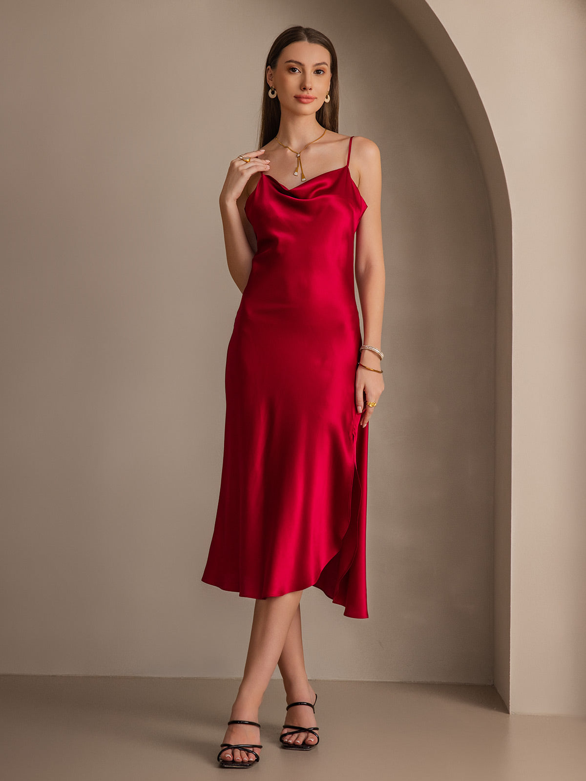 [Wine] SilkSilky-CA 19Momme Pure Silk Cowl Neck Dress 001
