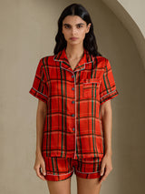 [Red Plaid] SilkSilky-CA Short Sleeve Notch Collar Women's Pajamas 001