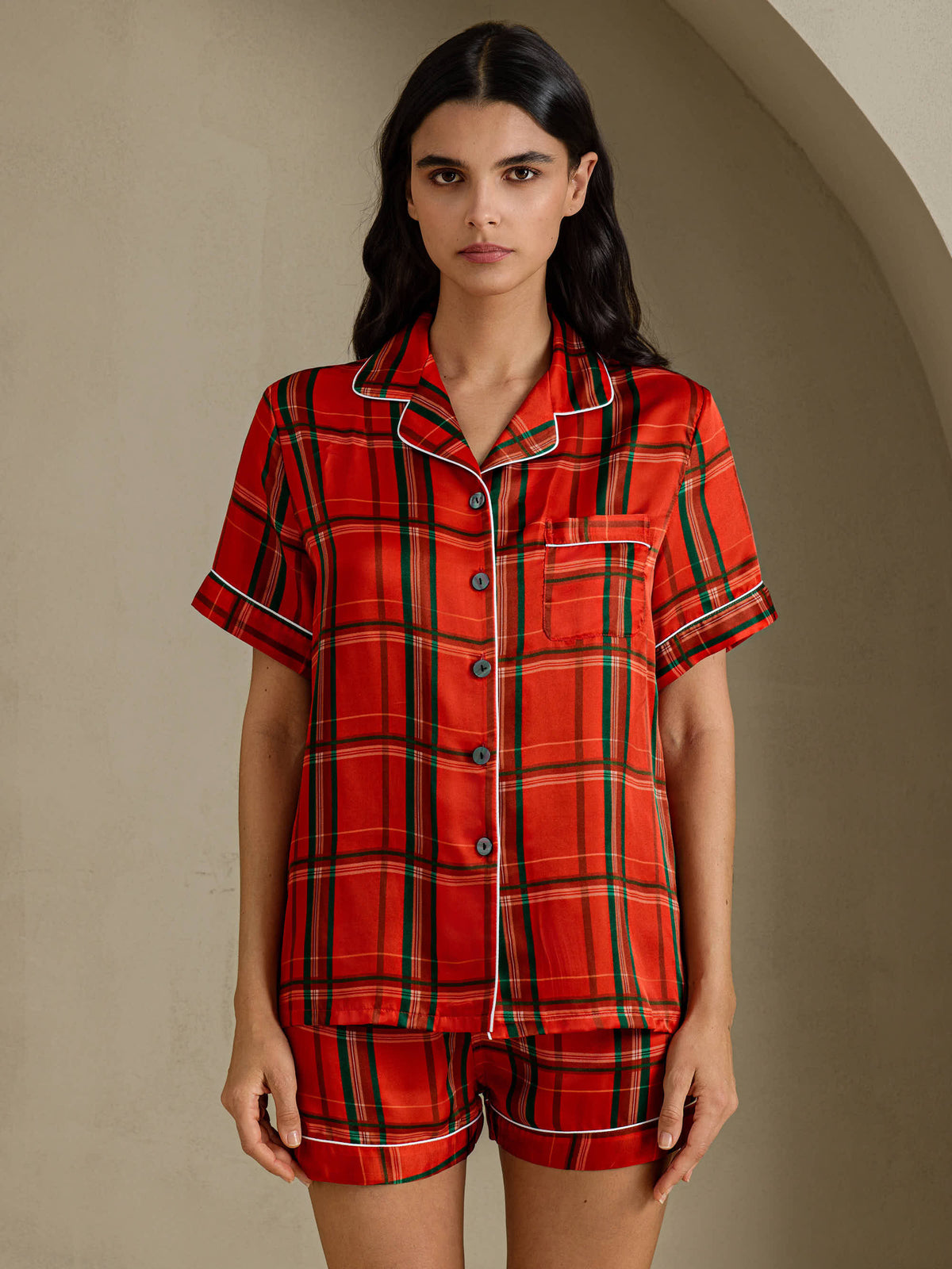 [Red Plaid] SilkSilky-CA Short Sleeve Notch Collar Women's Pajamas 001
