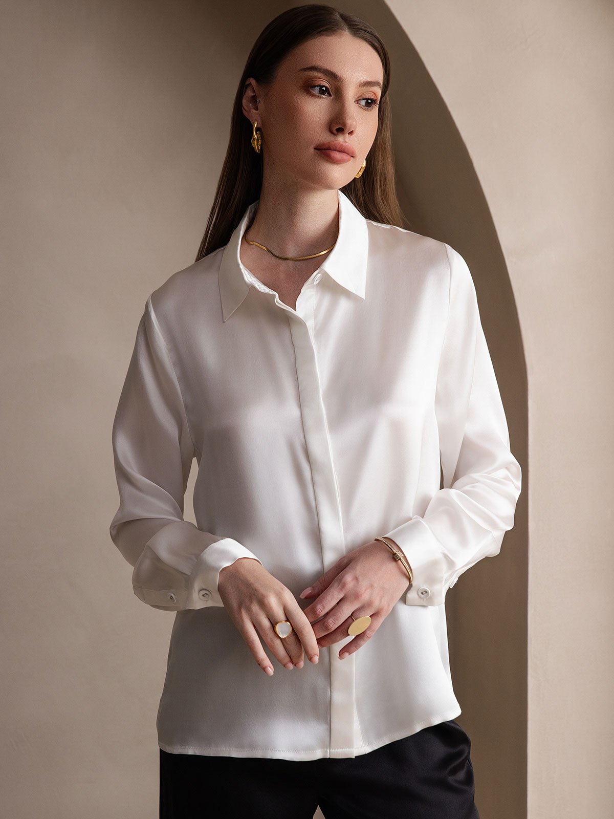 [White] SilkSilky-CA 19Momme Silk Long Sleeve Lapel Collar Women's Shirt 003
