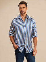 [Navy Stripe] SilkSilky-CA 19Momme Stretch Silk Charmeuse Long Sleeve Lapel Collar Men's Shirt 005