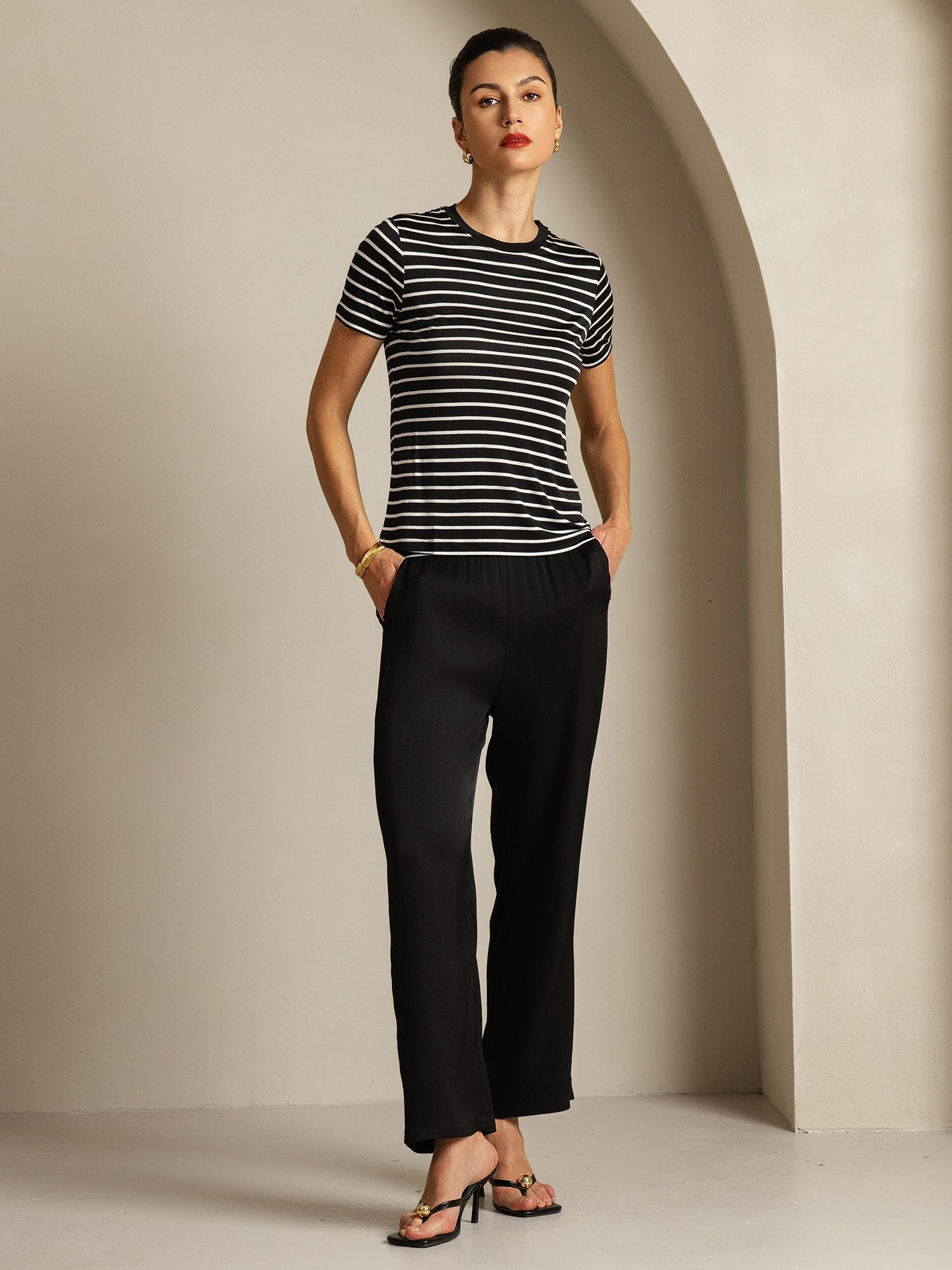 [BlackStripe] SilkSilky-CA Pure Silk Round Neck Women's T-Shirt 006