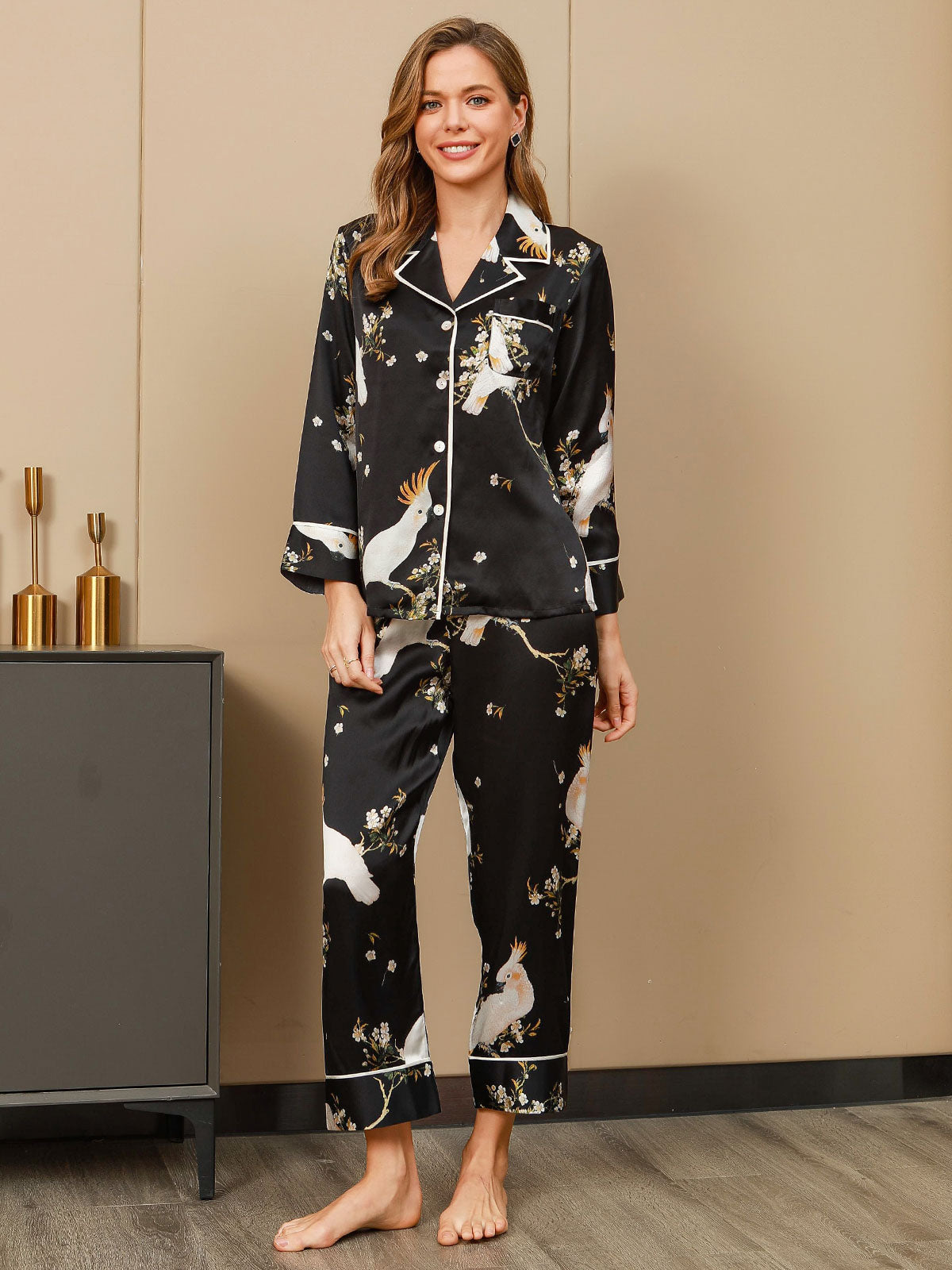 [Black] SilkSilky-CA Pure Silk Womens Pajamas 004