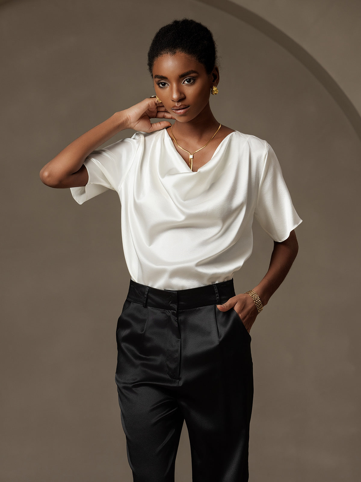 [White] SilkSilky-CA 19Momme Silk Short Sleeve Cowl Neck Blouse 005