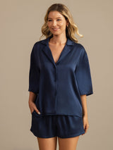 [Dark Blue] SilkSilky-CA 19Momme Machine-Washable Silk Half Sleeve Notch Collar Women's Pajamas 008