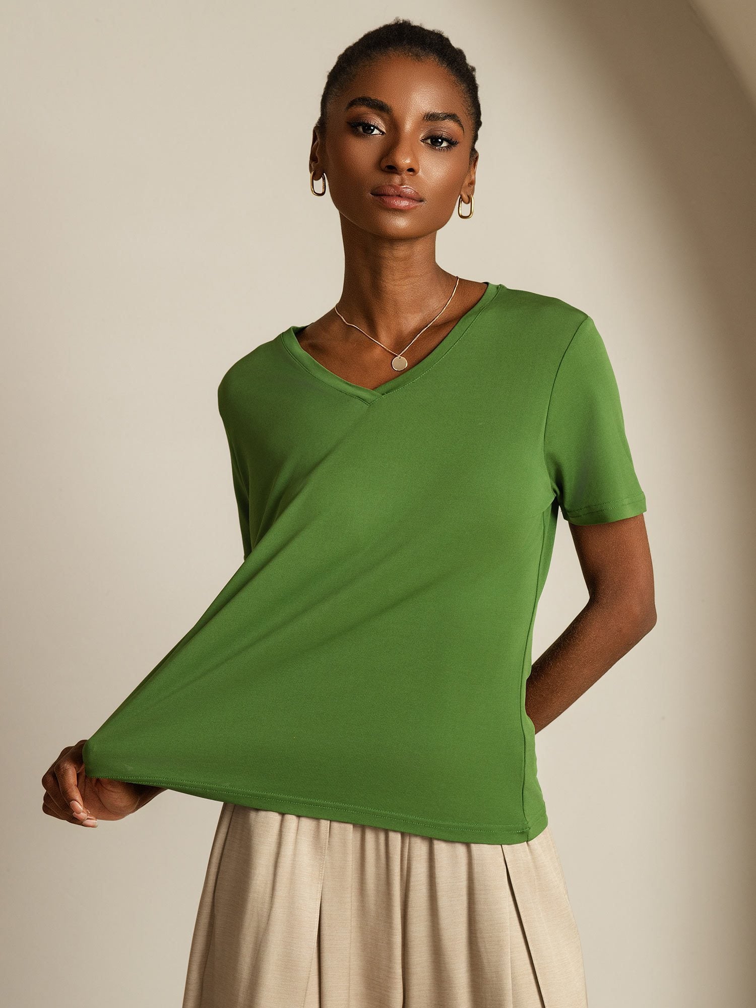 [Green] SilkSilky-CA Pure Silk V Neck Women's T-Shirt 006