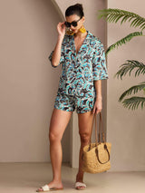 [Teal Botanical] SilkSilky-CA Short Sleeve Notch Collar Women's Pajamas 006