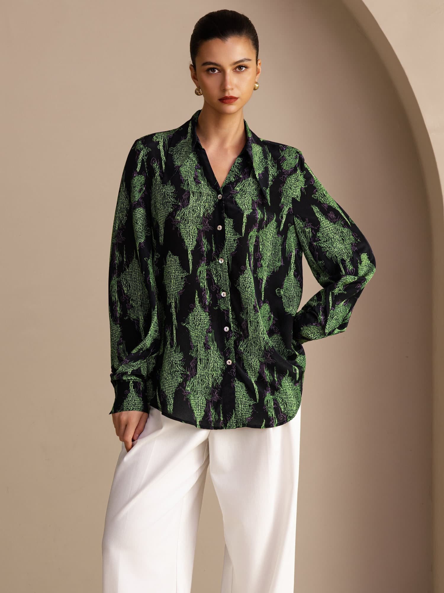 [Black Moss] SilkSilky-CA Long Sleeve Lapel Collar Blouse 001