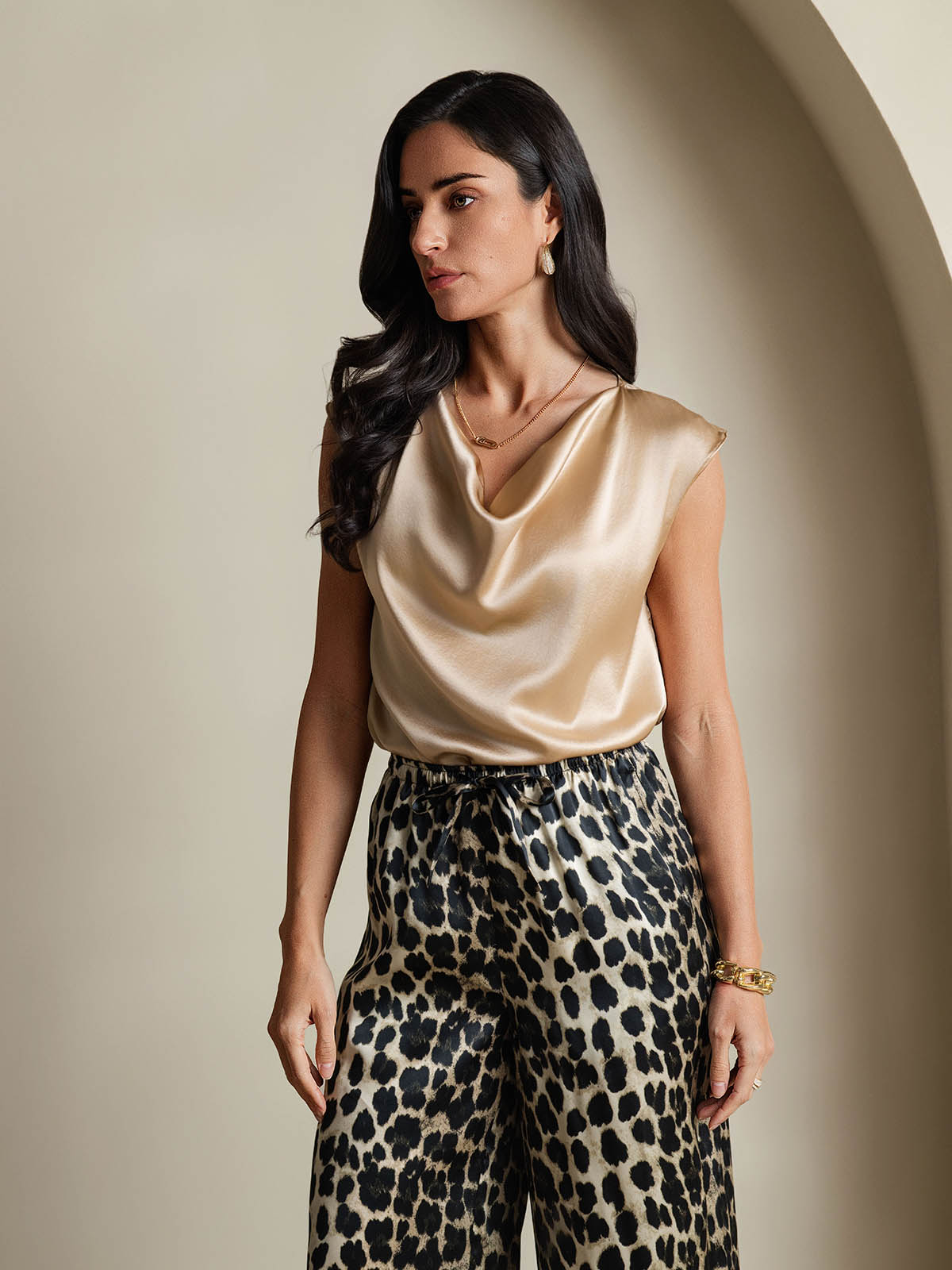 [Champagne] SilkSilky-CA 19Momme Silk Cap Sleeve Cowl Neck Women's T-Shirt 006