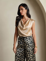 [Champagne] SilkSilky-CA Cap Sleeve Cowl Neck Women's T-Shirt 006
