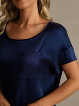 [Dark Blue] SilkSilky-CA 19Momme Machine-Washable Silk Short Sleeve Round Neck Nightgown 004