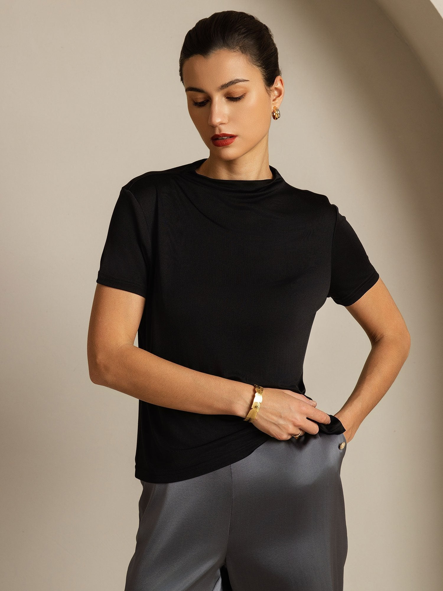 [Black] SilkSilky-CA Pure Silk Collar Women's T-Shirt 006