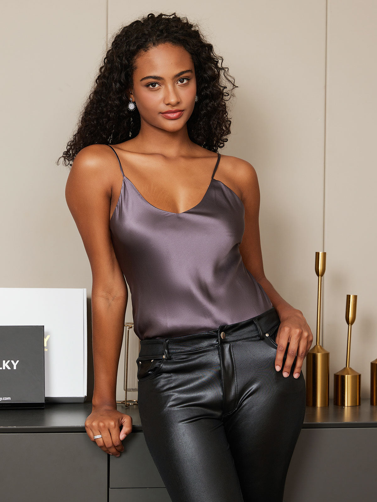 [Purple Gray] SilkSilky-CA Pure Silk Sleeveless V Neck Camisole 004