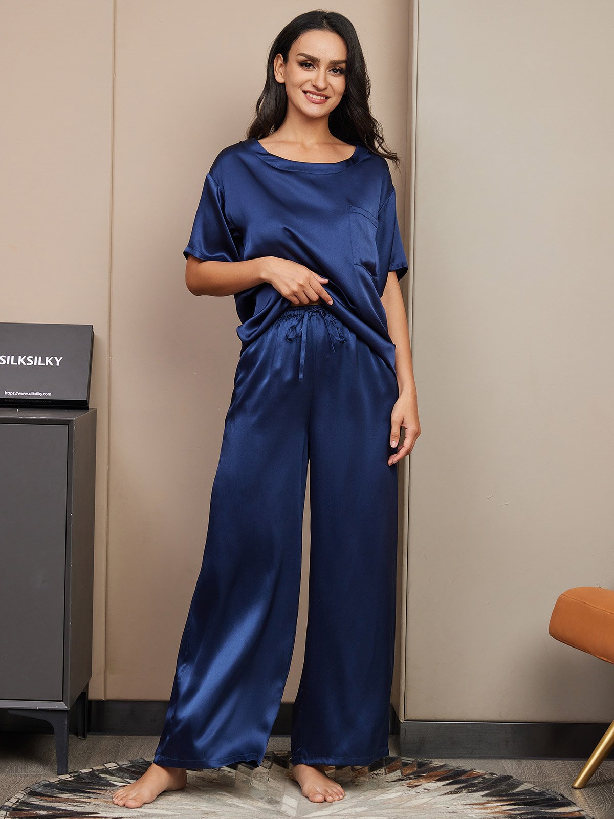 [Dark Blue] SilkSilky-CA Pure Silk Short Sleeve Womens Pajamas 005