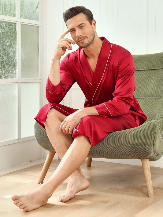 Pure Silk Piping Trim Belted Mens Robe