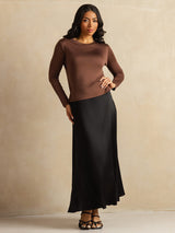 [Coffee] SilkSilky-CA 100% Silk Jersey Long Sleeve Crew Neck Women's T-Shirt 009
