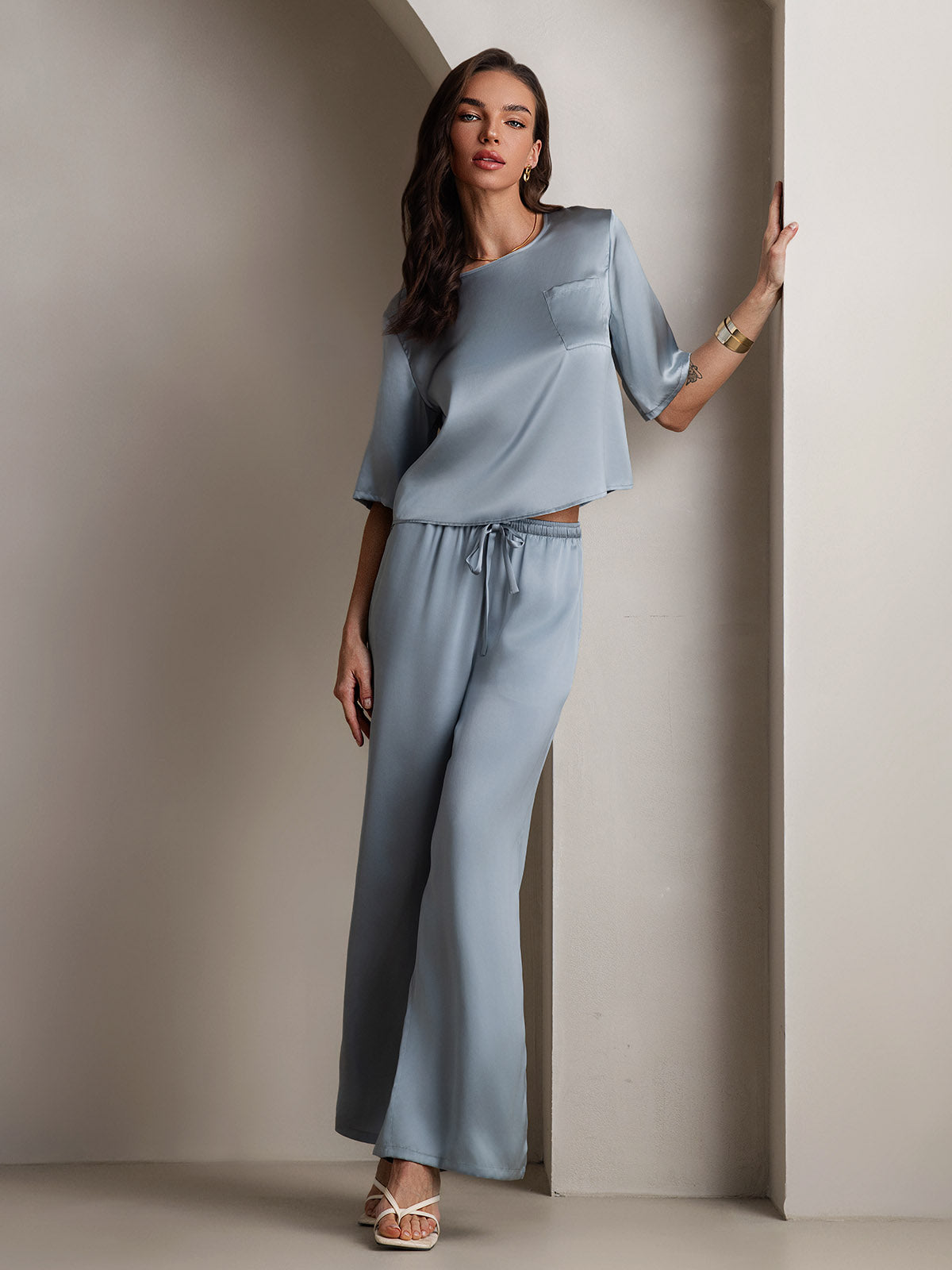 [Grayish Blue] SilkSilky-CA Pure Silk Round Neck Women's Pajamas 001